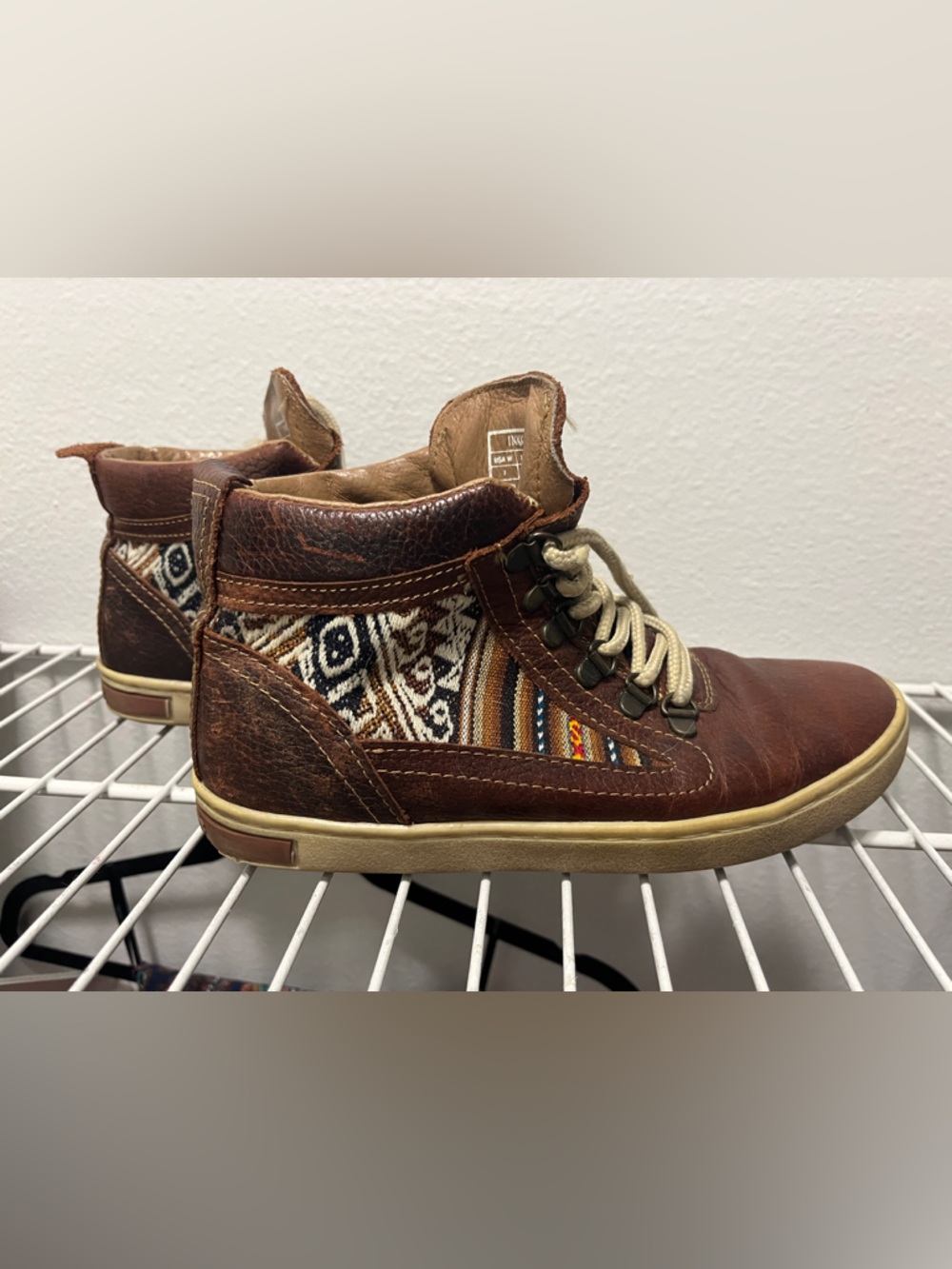 Inkkas Brown Leather Casual Sneakers with Patterned Textile Panels